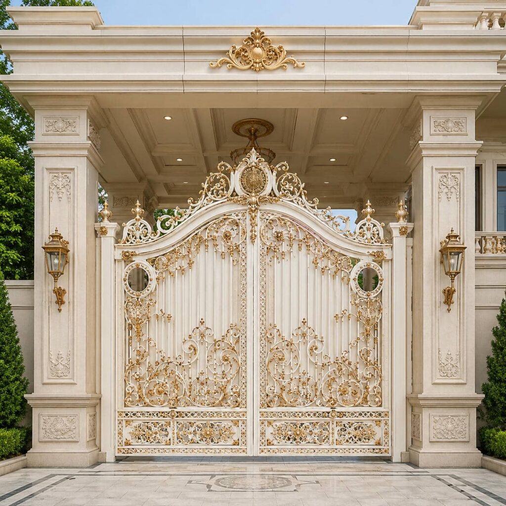 خرید درب حیاط فرفورژه نمای رومی با تاج کلاسیک
