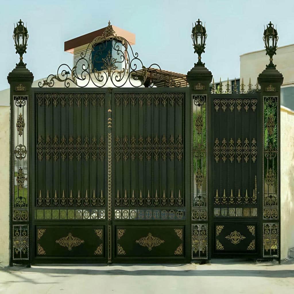 مدل فرفورژه درب پارکینگ فلزی دو لنگه برای نمای کلاسیک