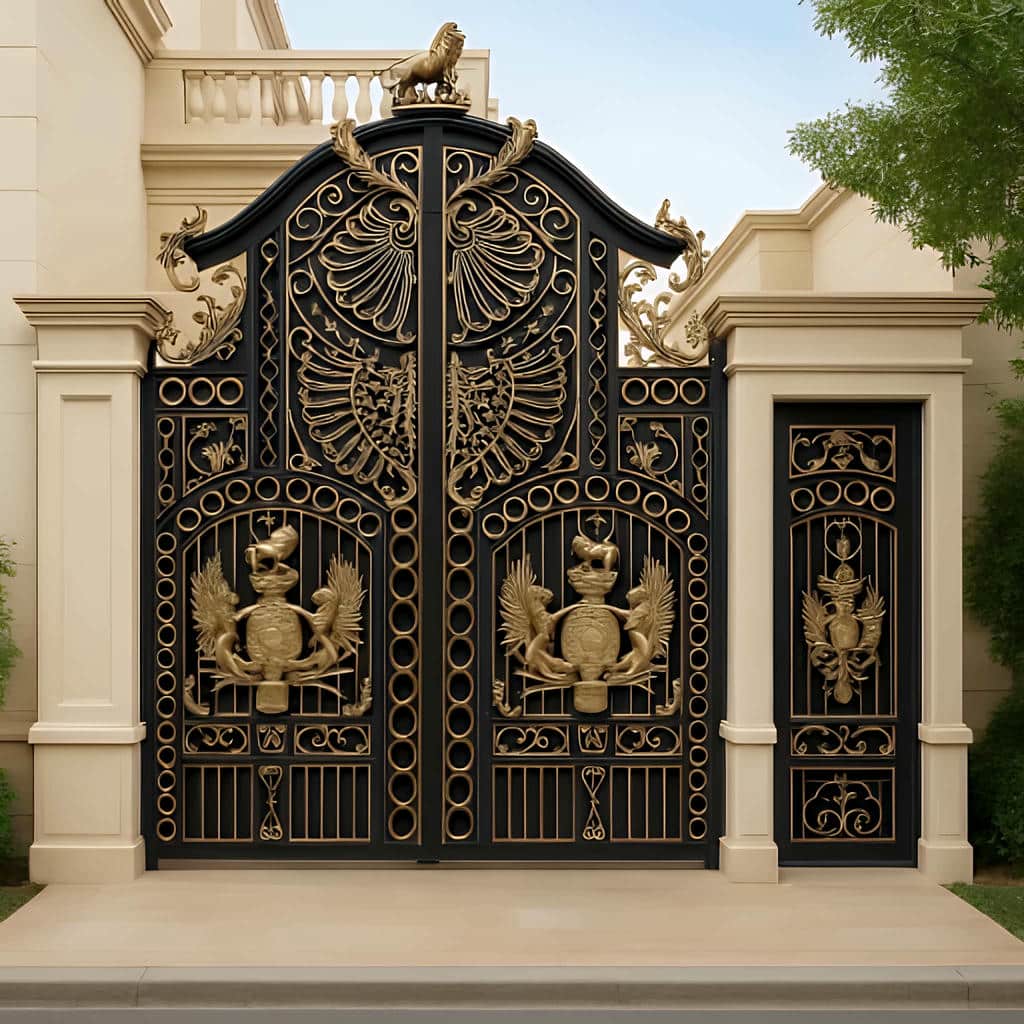 درب ساختمان فرفورژه با گل هندسی و طرح منظم